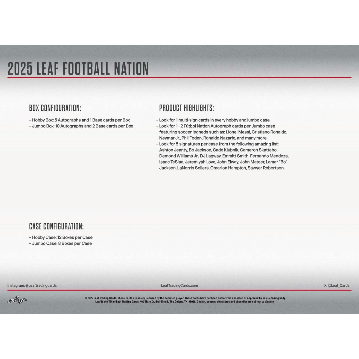 2025 Leaf Football Nation Hobby Jumbo Box