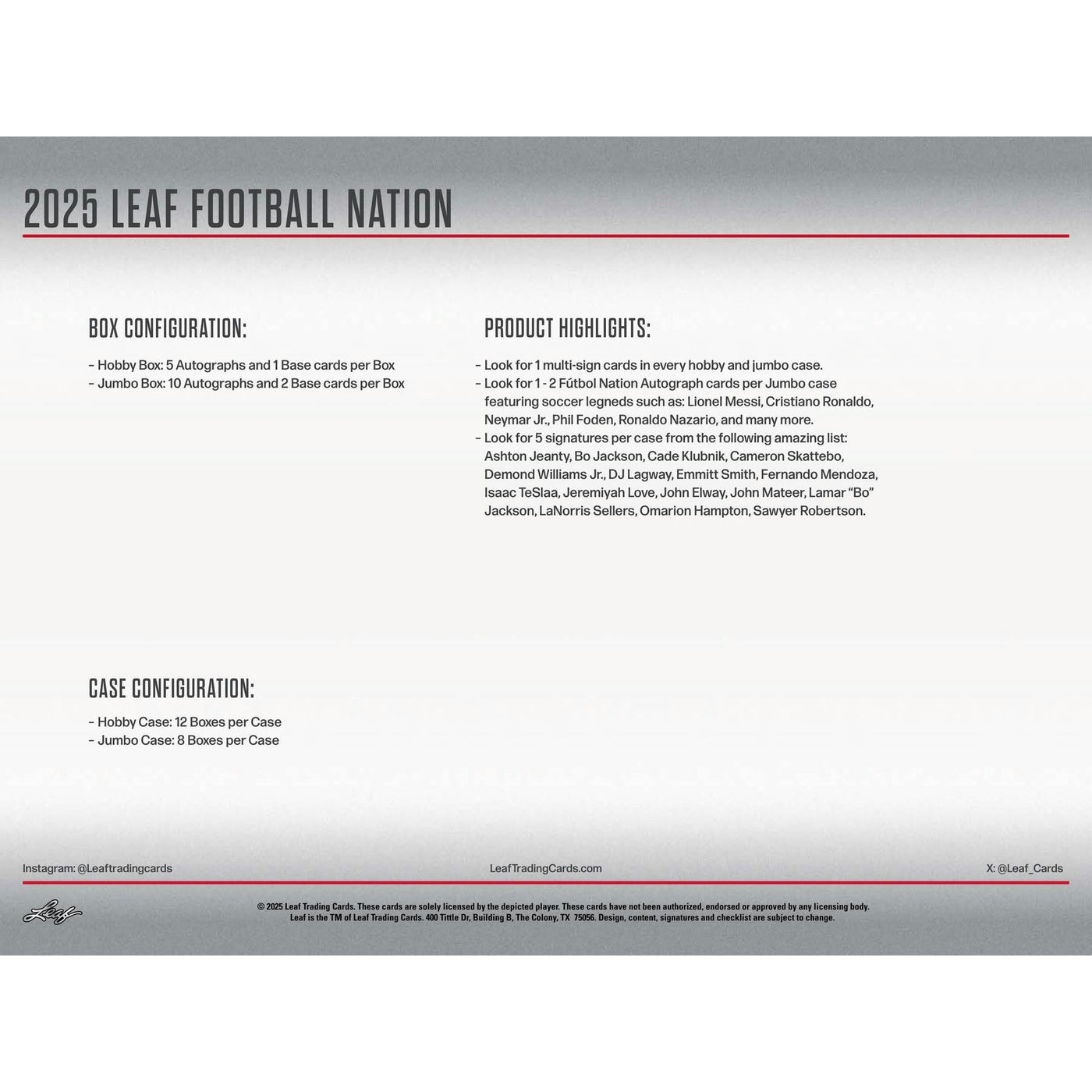 2025 Leaf Football Nation Hobby Jumbo 8-Box Case