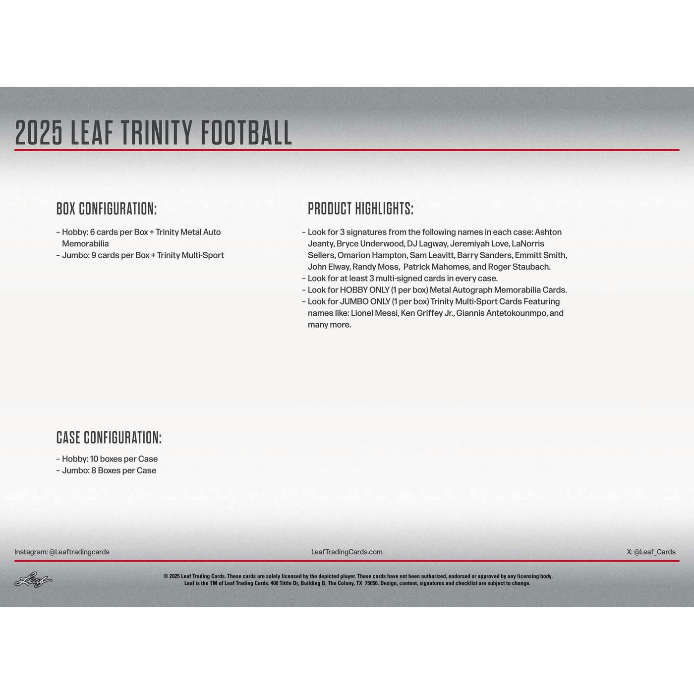 2025 Leaf Trinity Football Hobby Jumbo 8-Box Case