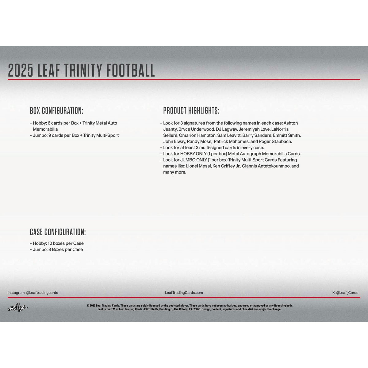 2025 Leaf Trinity Football Hobby Jumbo Box