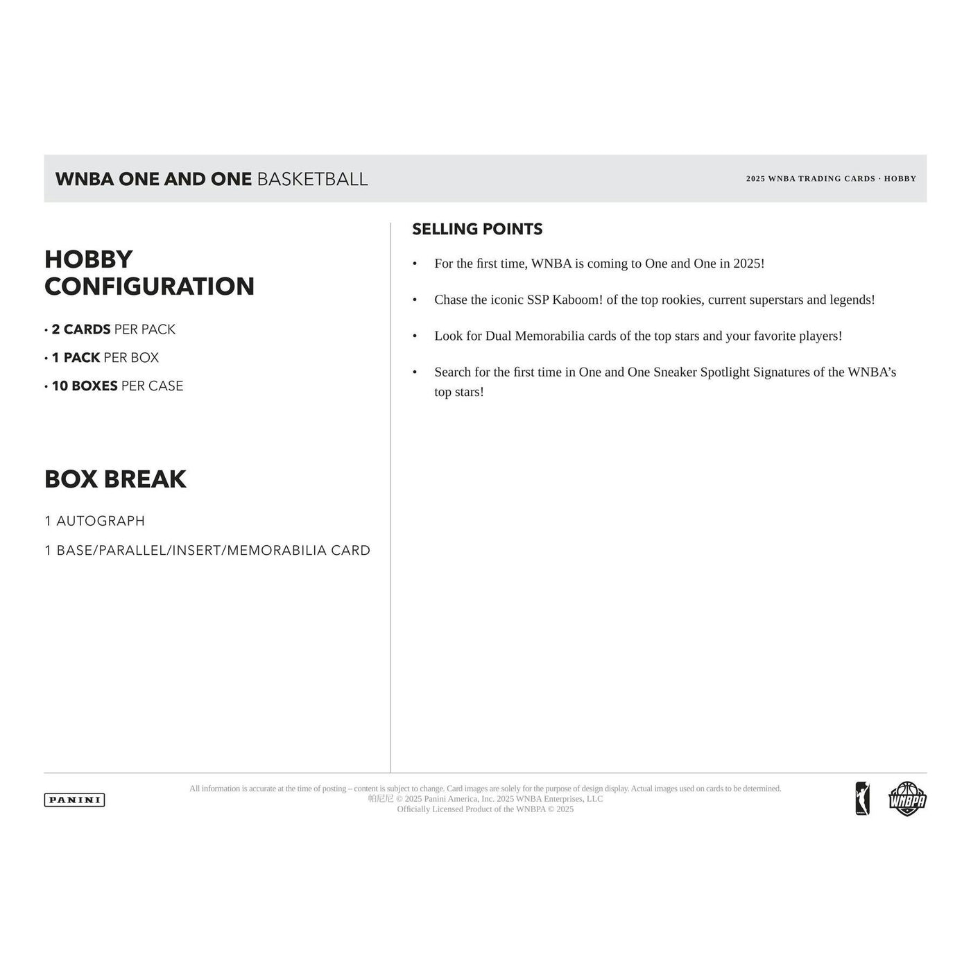 2025 Panini One and One WNBA Basketball Hobby 10-Box Case