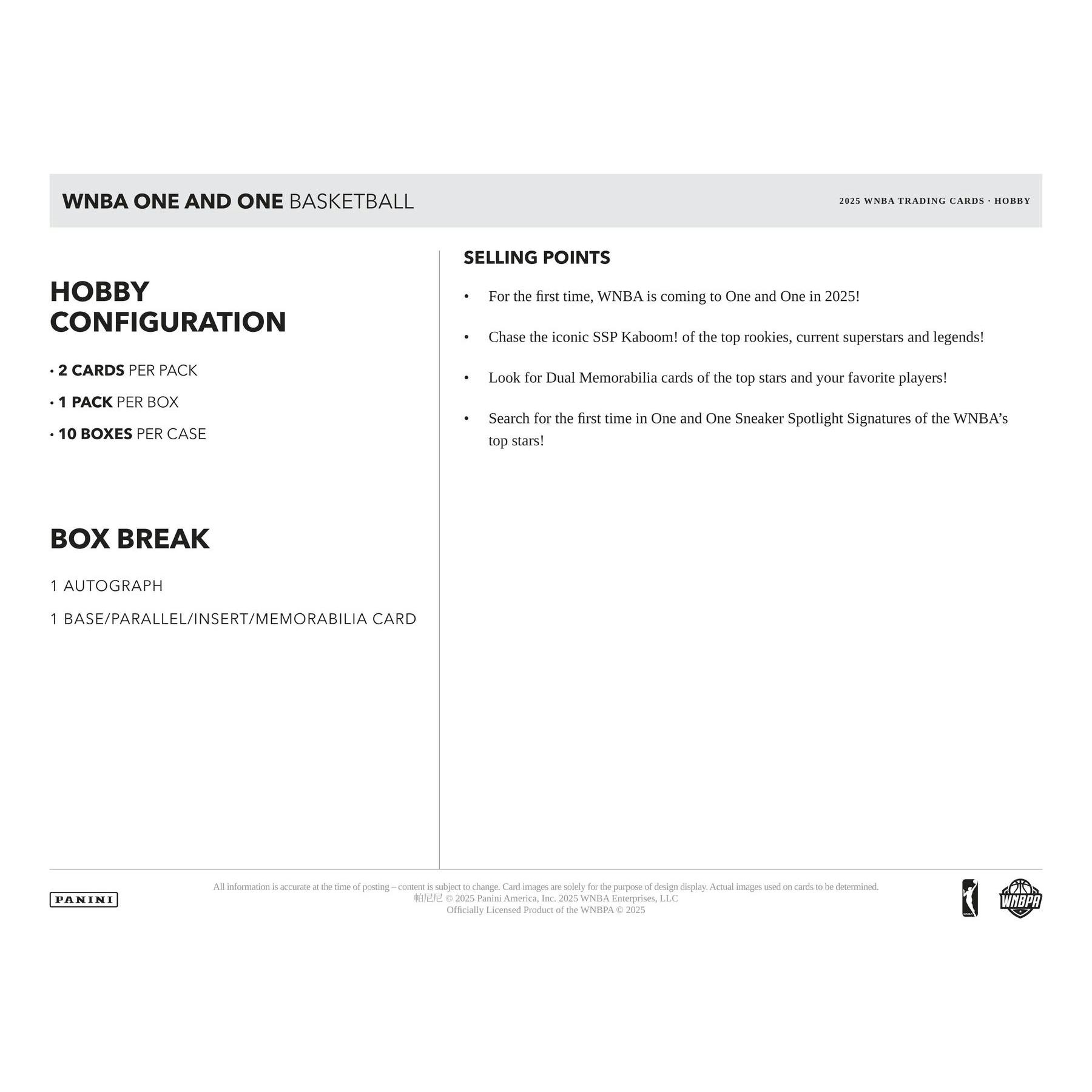 2025 Panini One and One WNBA Basketball Hobby 10-Box Case