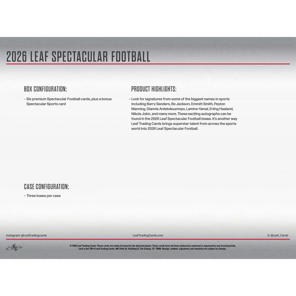 2026 Leaf Spectacular Football Hobby 3-Box Case
