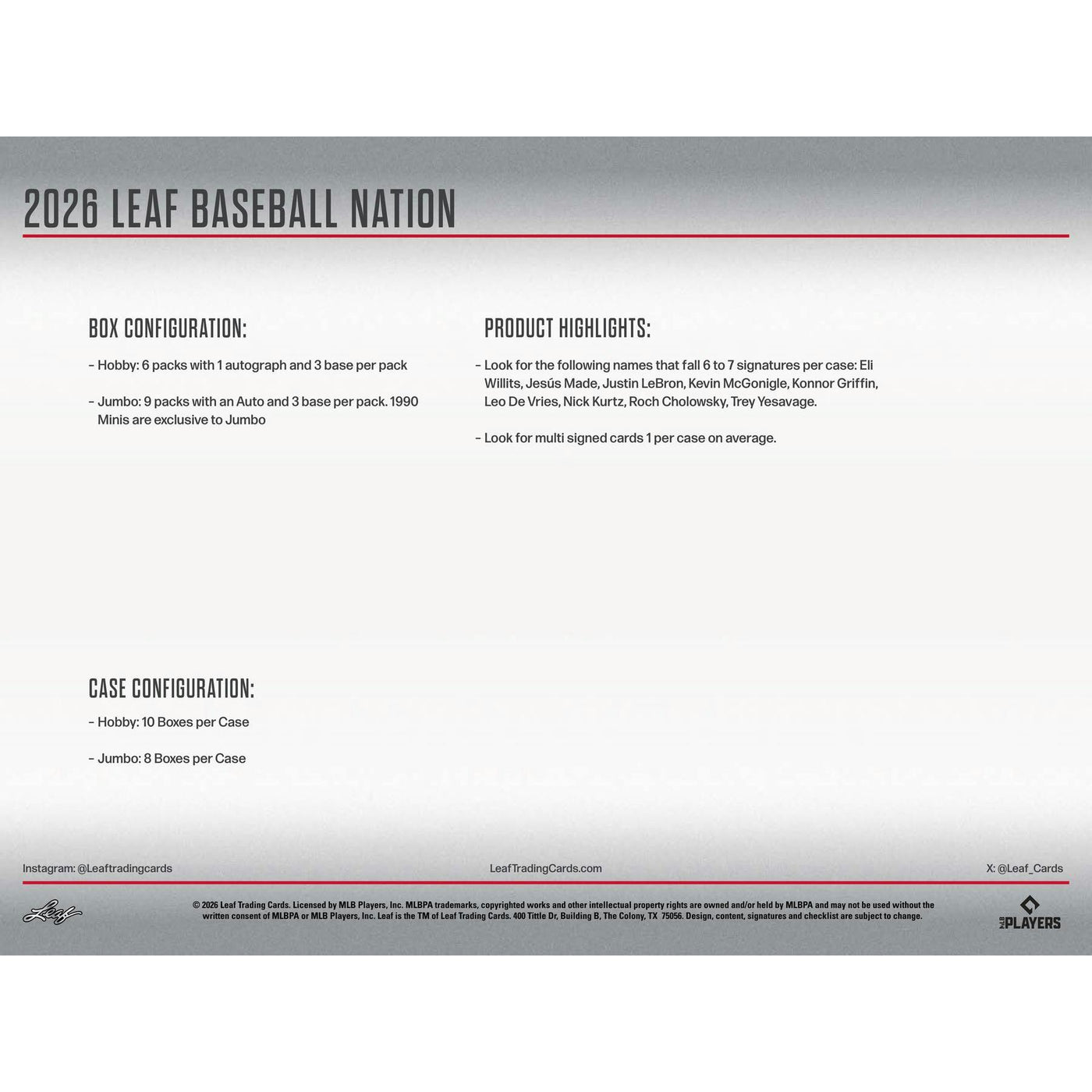 2026 Leaf Baseball Nation Hobby Jumbo 8-Box Case