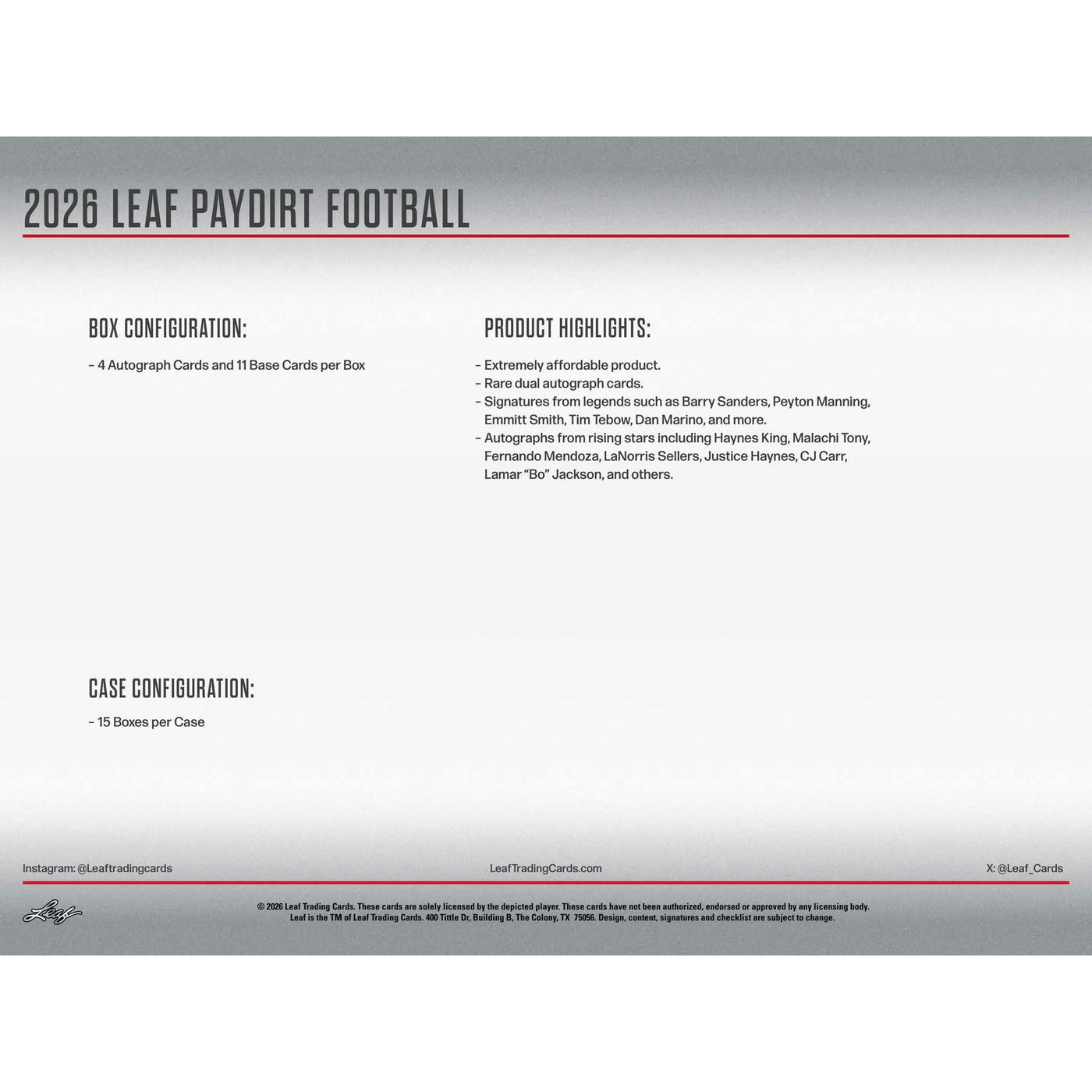 2026 Leaf Paydirt Football Hobby 15-Box Case