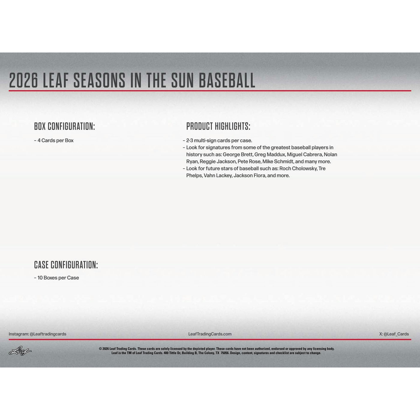 2026 Leaf Seasons in the Sun Baseball Hobby 10-Box Case