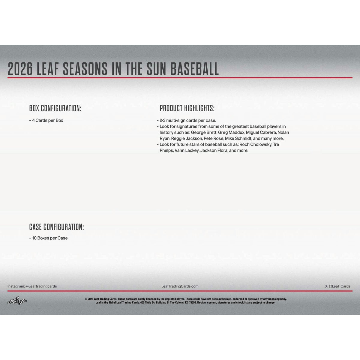 2026 Leaf Seasons in the Sun Baseball Hobby Box