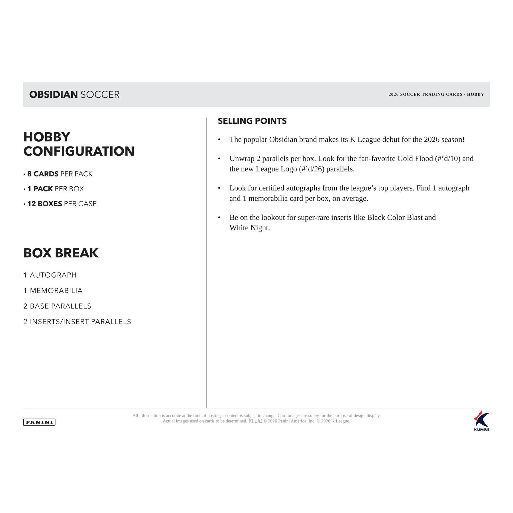 2026 Panini Obsidian K League Soccer Hobby 12-Box Case (Presell)