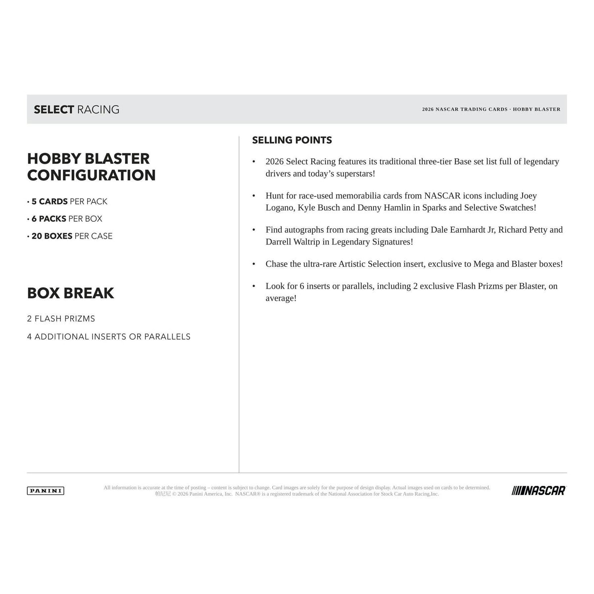 2026 Panini Select NASCAR Racing Blaster Hobby 20-Box Case