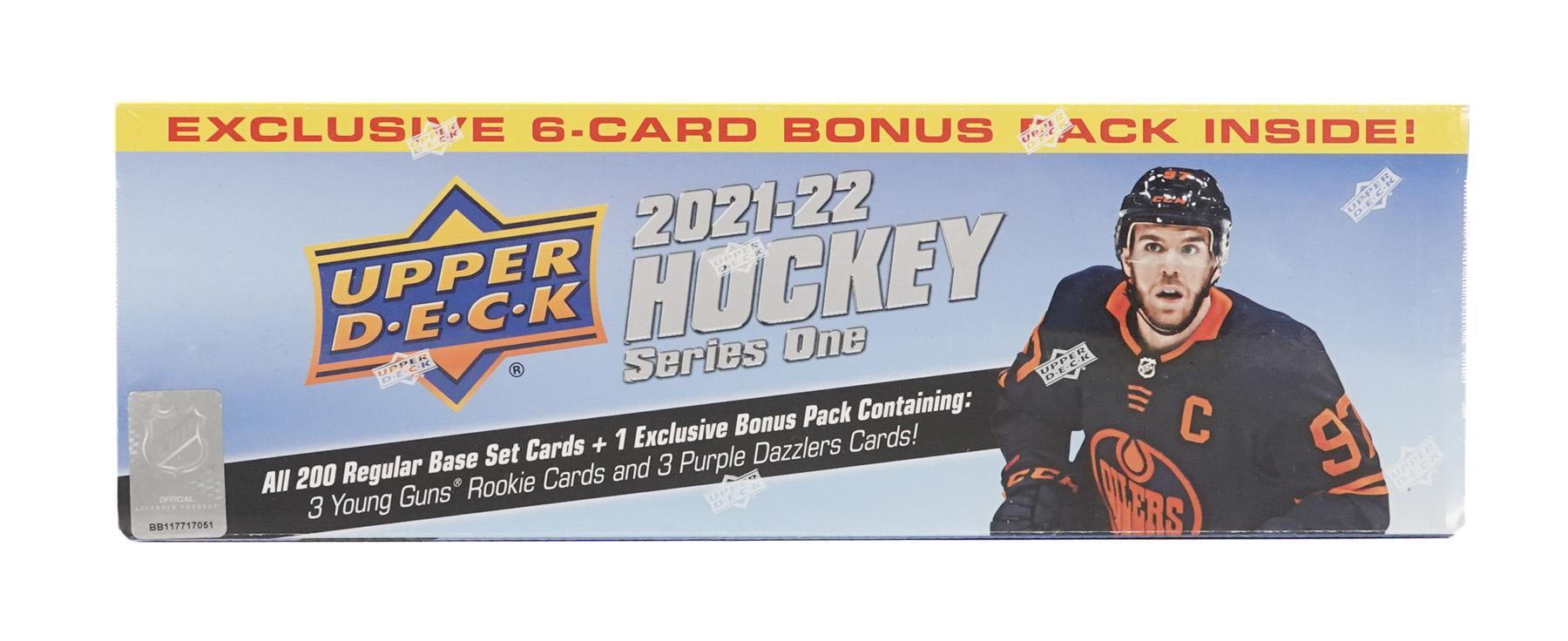 2021/22 Upper Deck Series 1 Hockey Factory Set (Box) (Bonus Pack with 3 Young Guns and 3 Purple Dazzlers!)