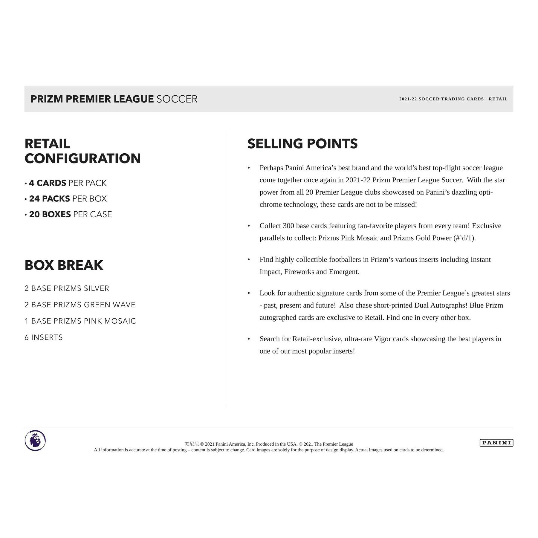 2021/22 Panini Prizm Premier League EPL Soccer 24-Pack Retail 20-Box Case