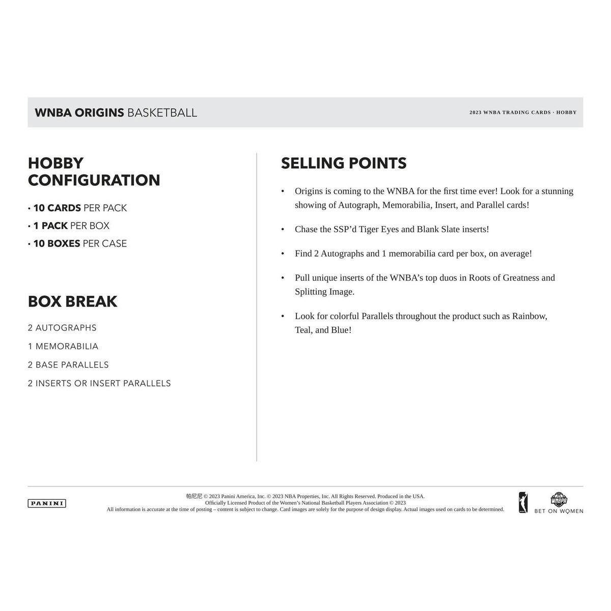 2023 Panini WNBA Origins Basketball Hobby 10-Box Case