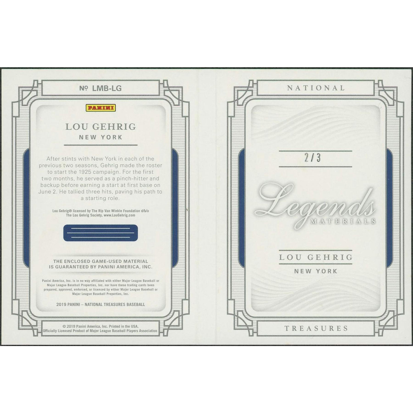 2019 Panini National Treasures Baseball #LMBLG Lou Gehrig Legends Materials Black Booklet Quad Jersey #2/3