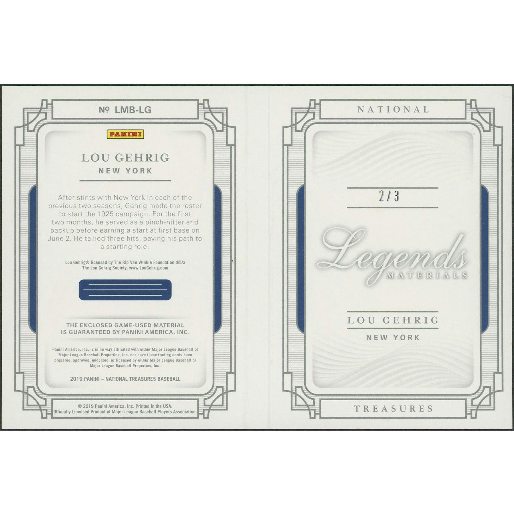 2019 Panini National Treasures Baseball #LMBLG Lou Gehrig Legends Materials Black Booklet Quad Jersey #2/3
