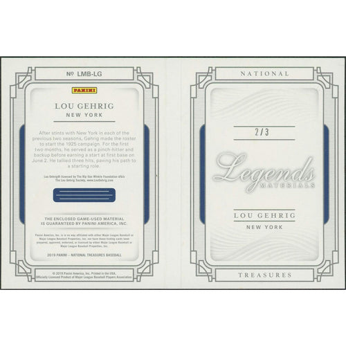 2019 Panini National Treasures Baseball #LMBLG Lou Gehrig Legends Materials Black Booklet Quad Jersey #2/3