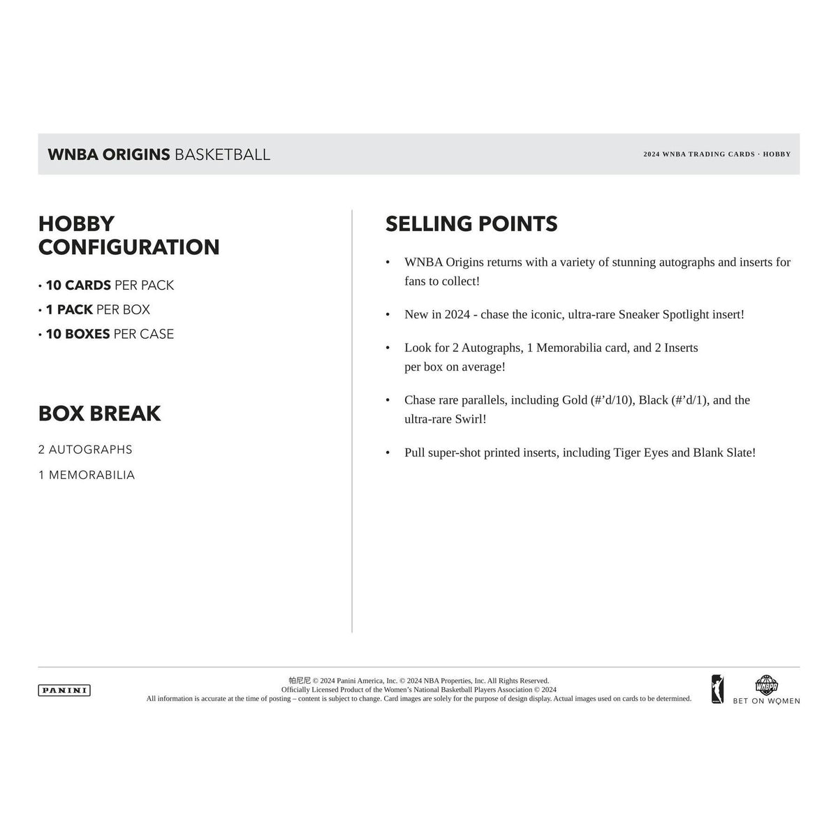 2024 Panini Origins WNBA Basketball Hobby 10-Box Case