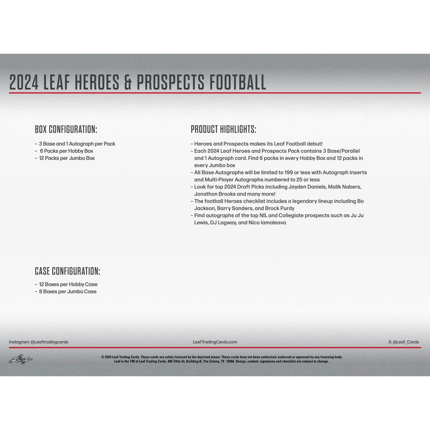 2024 Leaf Heroes & Prospects Football Hobby Jumbo Box