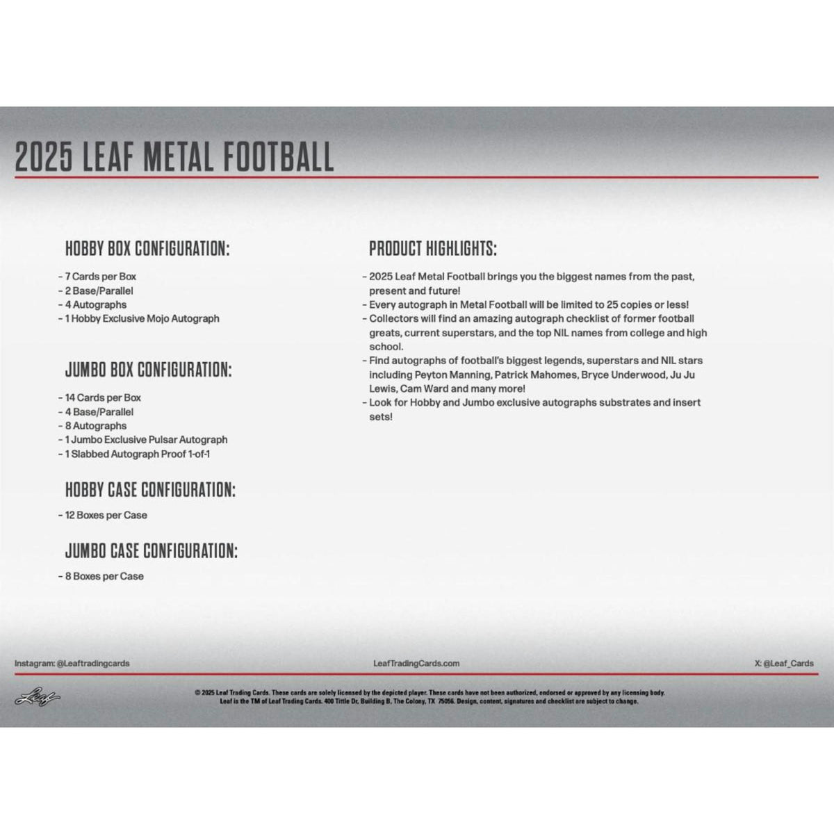 2025 Leaf Metal Football Hobby Box