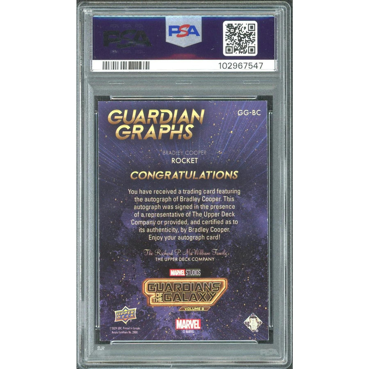 2024 UD Marvel Guardians of the Galaxy Vol. 3 Bradley Cooper Rocket Auto PSA Auth/Auto 10