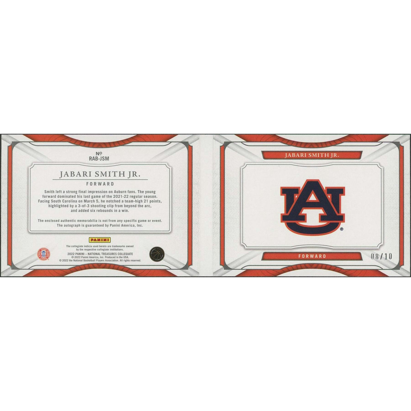 2022/23 Panini National Treasures Collegiate Basketball Jabari Smith Jr. Booklet Rookie Patch Auto #08/10
