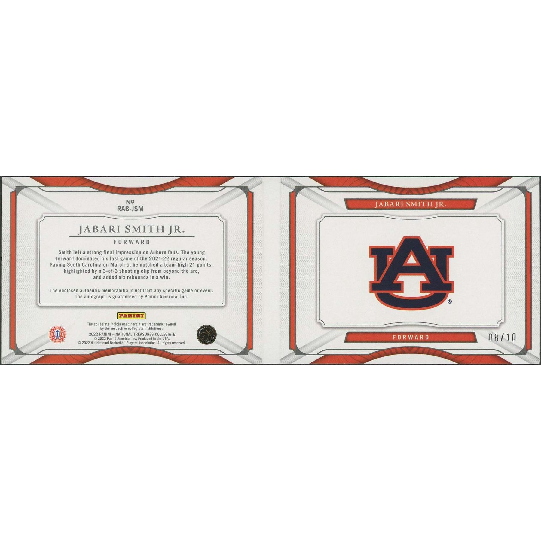 2022/23 Panini National Treasures Collegiate Basketball Jabari Smith Jr. Booklet Rookie Patch Auto #08/10