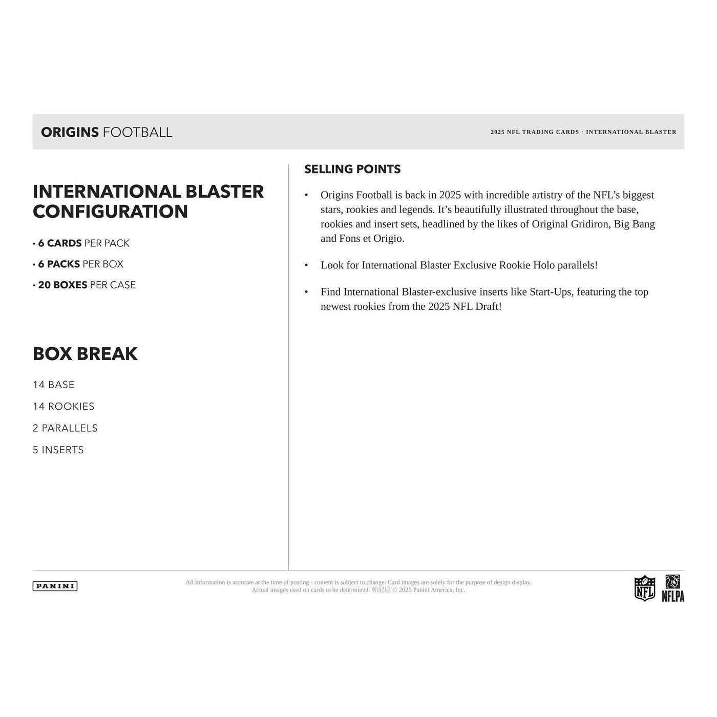 2025 Panini Origins Football International Blaster 20-Box Case