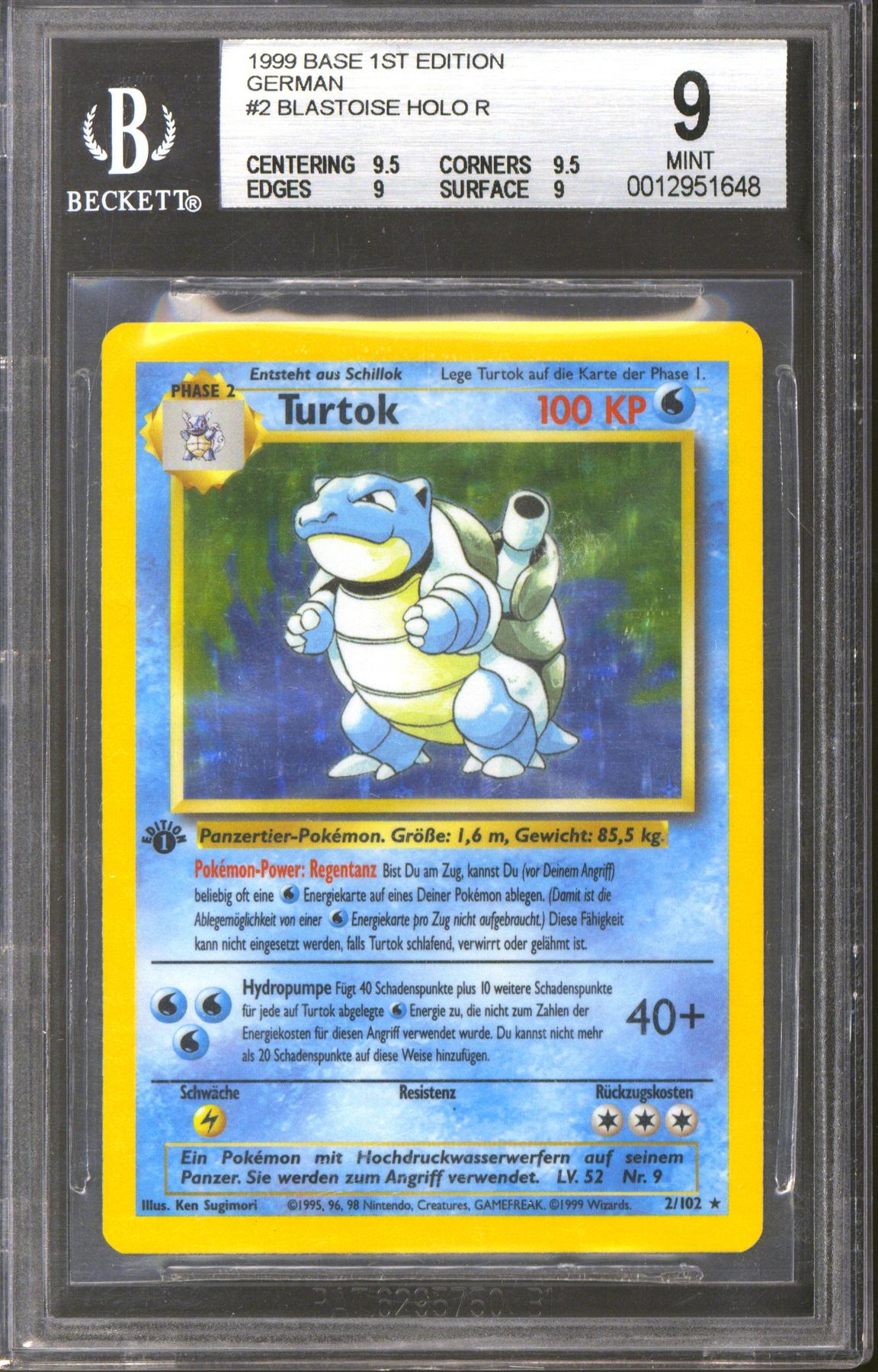 Pokemon Base Set 1st Edition GERMAN Blastoise Turtok 2/102 BGS 9 (9.5 9.5 9 9) Q++