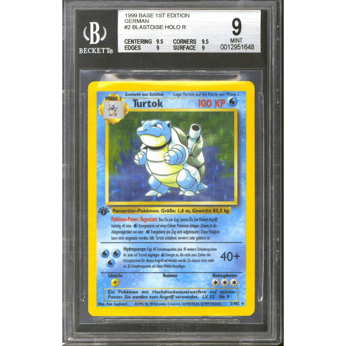 Pokemon Base Set 1st Edition GERMAN Blastoise Turtok 2/102 BGS 9 (9.5 9.5 9 9) Q++