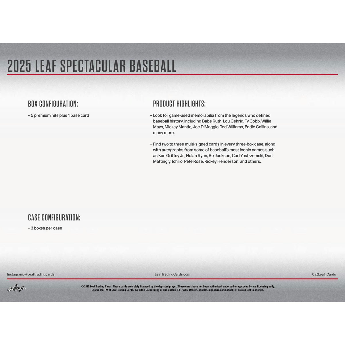 2025 Leaf Spectacular Baseball Hobby 3-Box Case