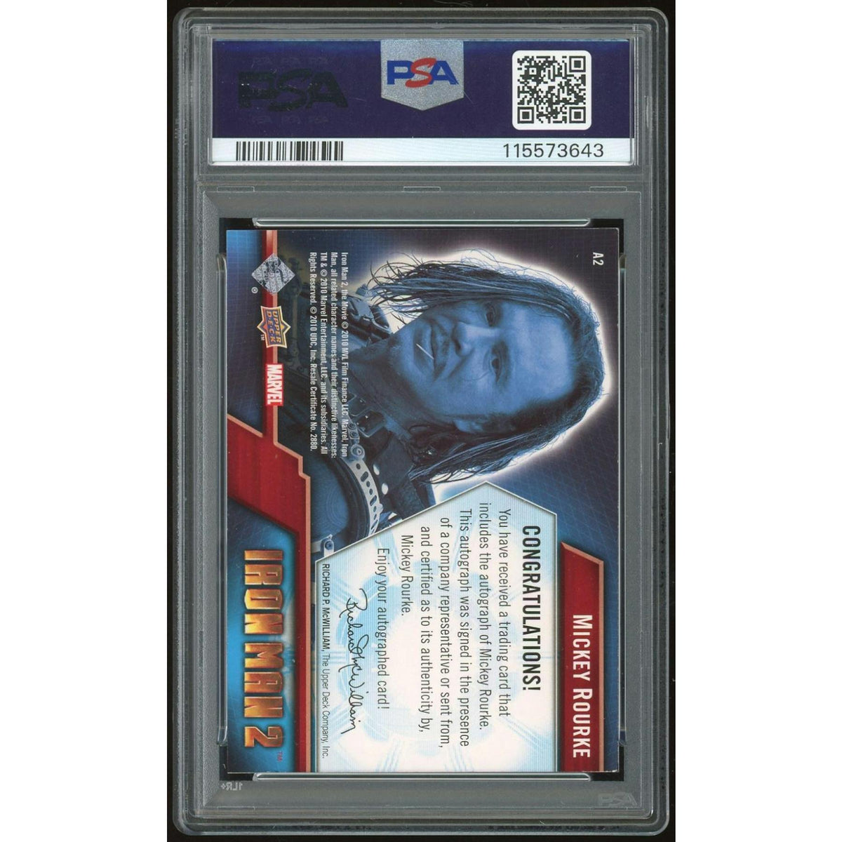 2010 Upper Deck Marvel Iron Man 2 #A2 Mickey Rourke PSA AUTH Auto 10 *3643 (Reed Buy)