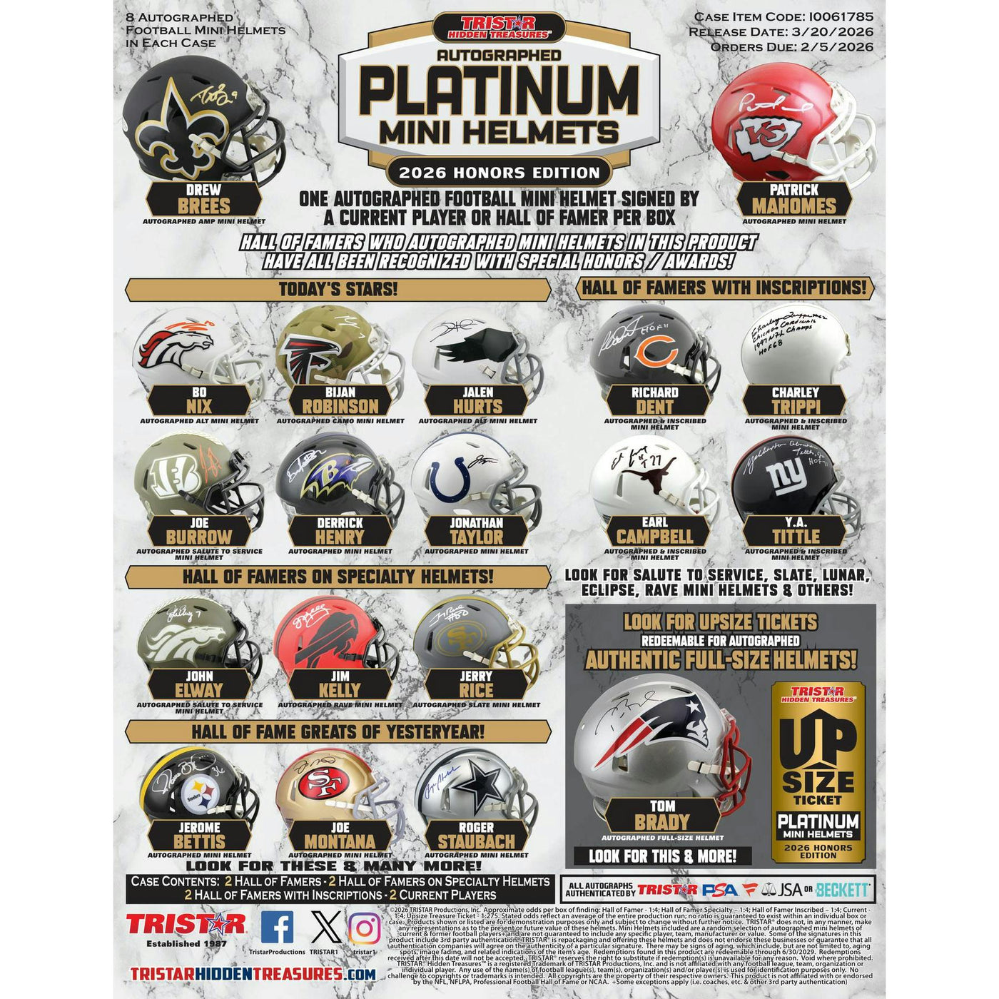 2026 TriStar Autographed Platinum Football Mini Helmets Honors Edition Hobby 8-Box Case