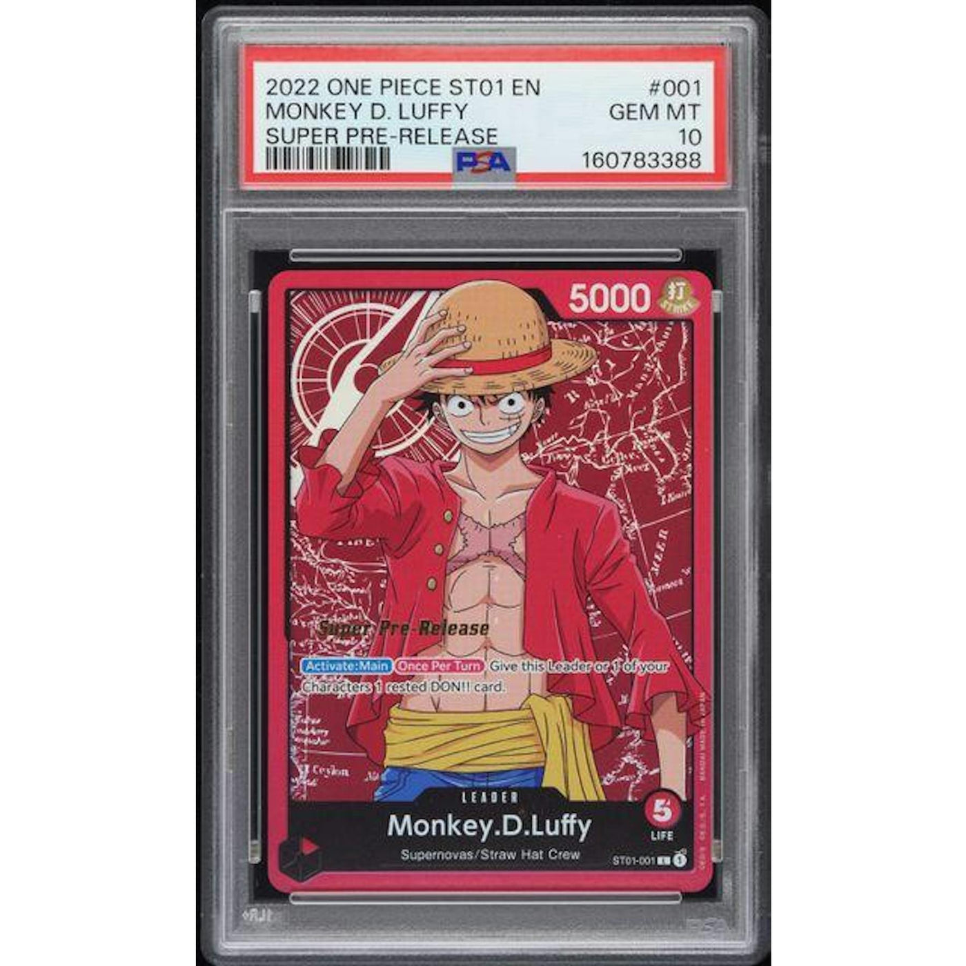 2022 One Piece Monkey D Luffy Super Pre-Release ST01 #001 PSA 10