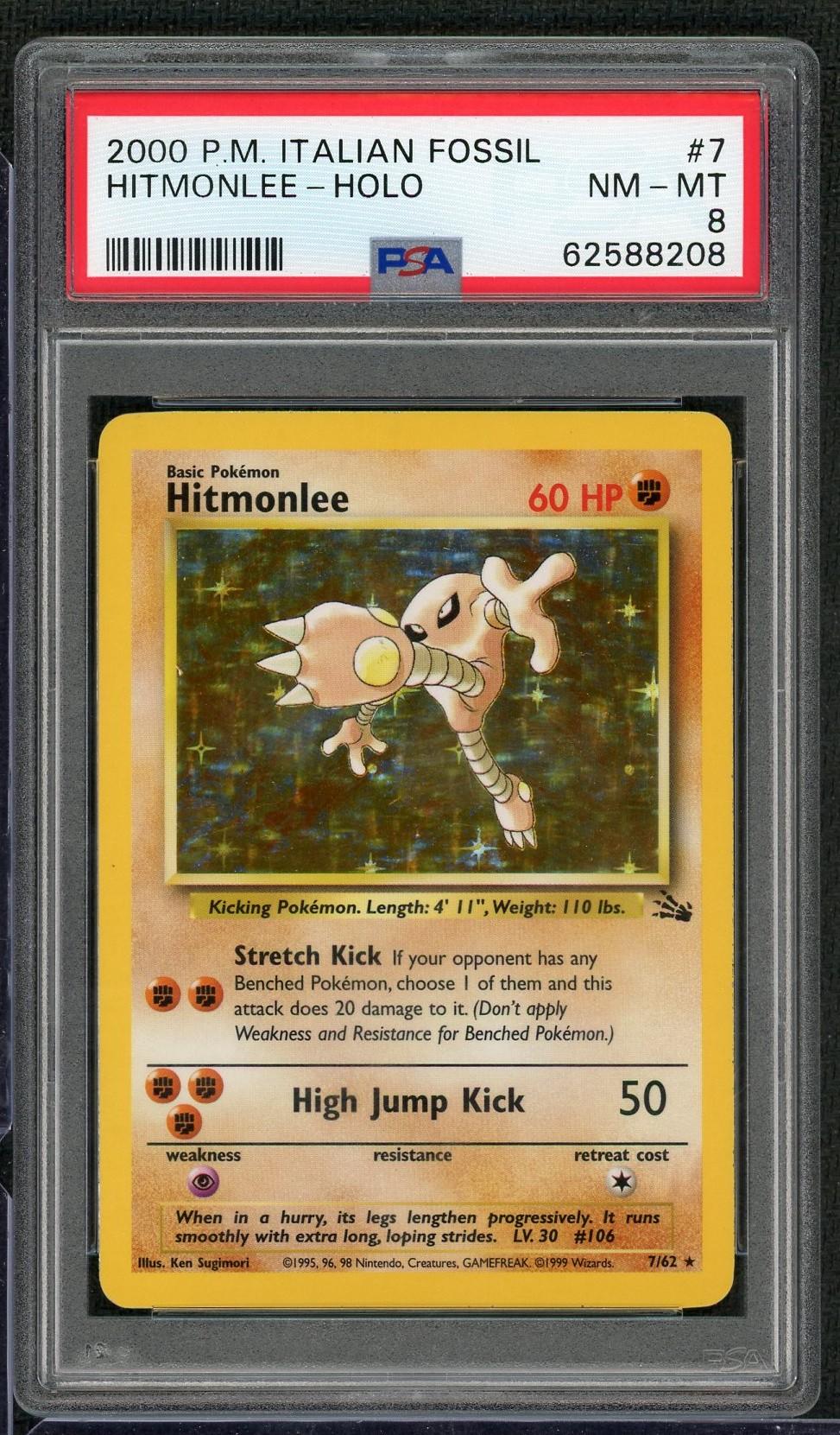 2000 Pokemon Italian Fossil Hitmonlee Holo #7 PSA 8