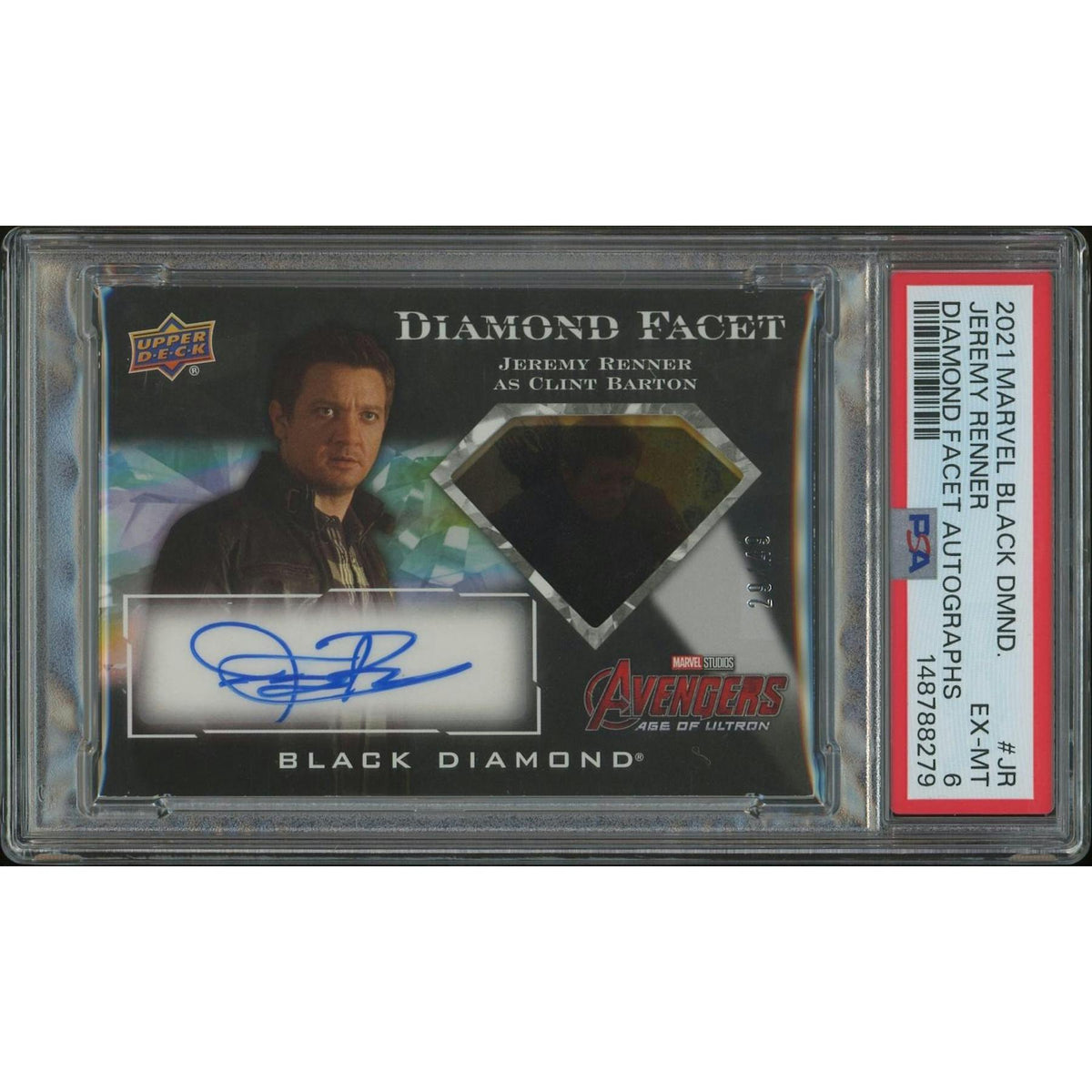 2021 Marvel Black Diamond #DFAJR Jeremy Renner as Hawkeye Diamond Facet Auto #29/49 PSA 6 (EX-MT)