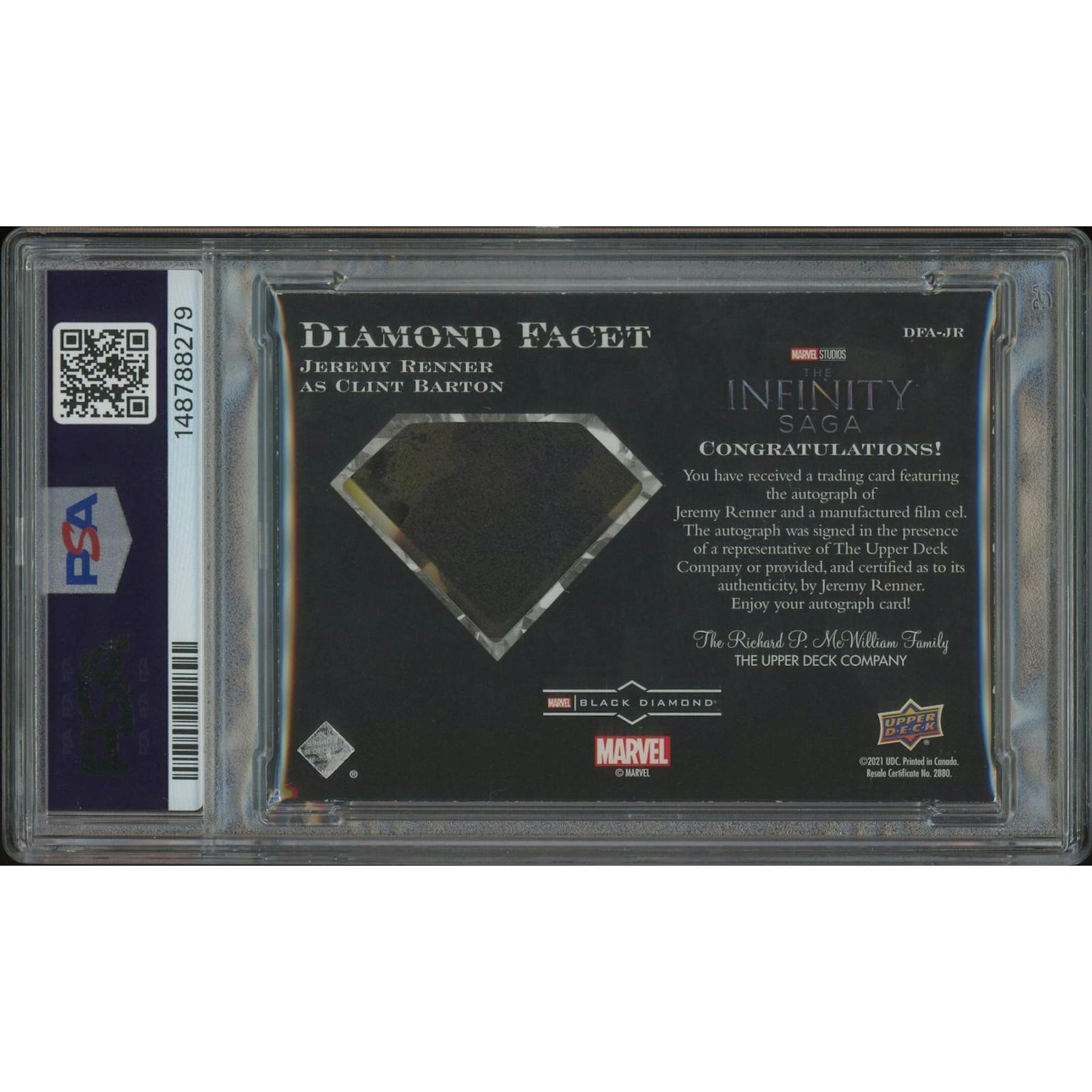 2021 Marvel Black Diamond #DFAJR Jeremy Renner as Hawkeye Diamond Facet Auto #29/49 PSA 6 (EX-MT)