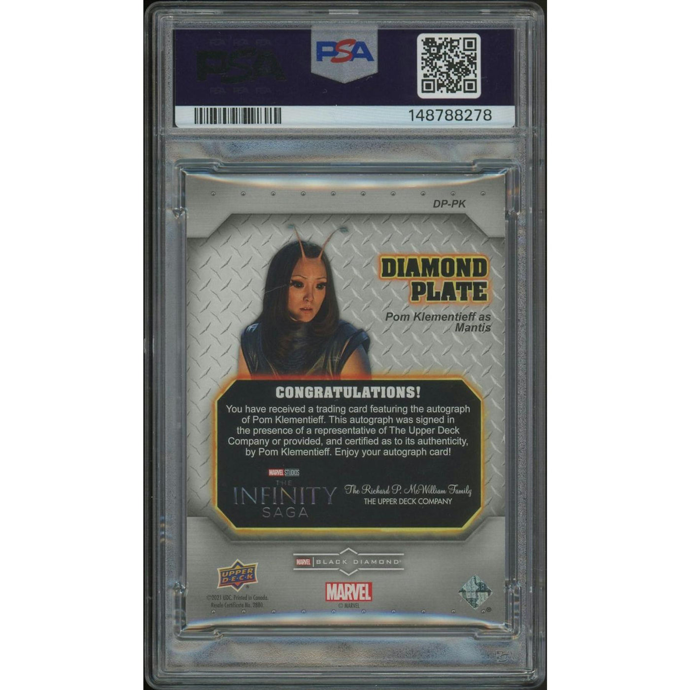 2021 Marvel Black Diamond #DPPK Pom Klementieff as Mantis Diamond Plate Auto PSA 7 (NM)