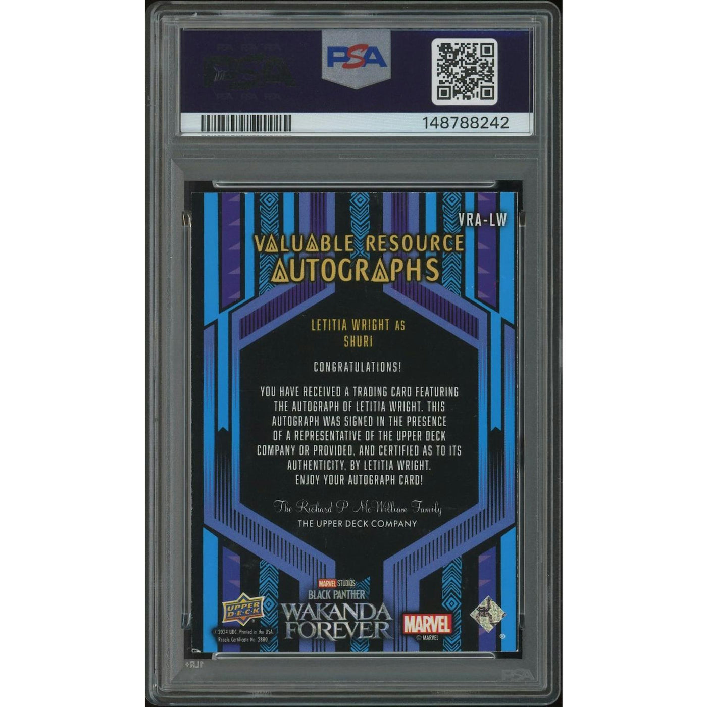 2024 Upper Deck Black Panther Wakanda Forever #VRALW Letitia Wright as Shuri Valuable Resource Auto PSA 7 (NM)