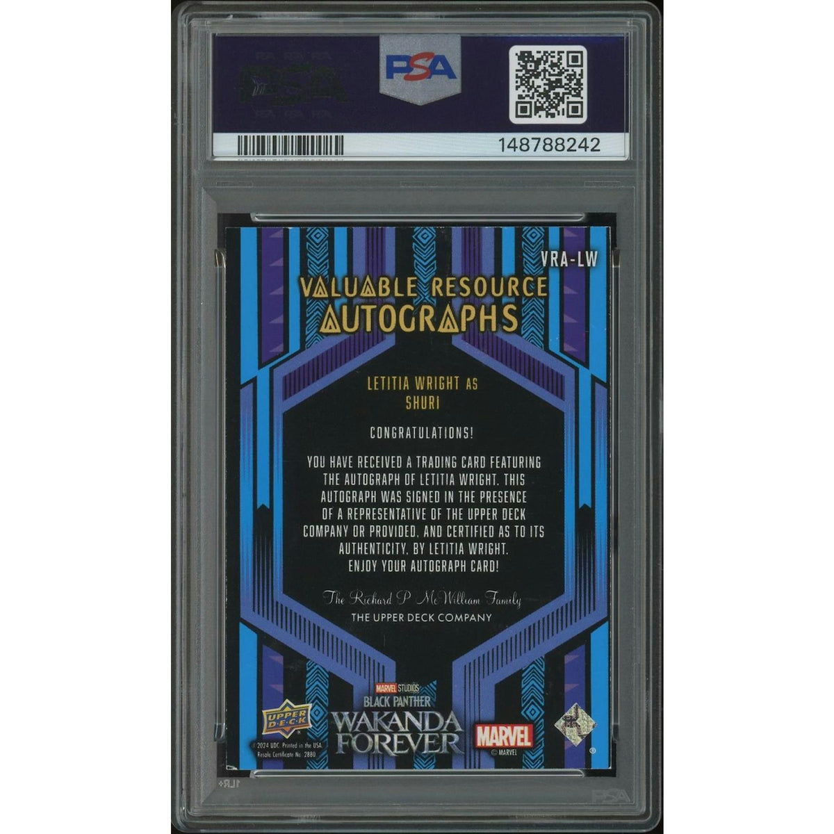 2024 Upper Deck Black Panther Wakanda Forever #VRALW Letitia Wright as Shuri Valuable Resource Auto PSA 7 (NM)