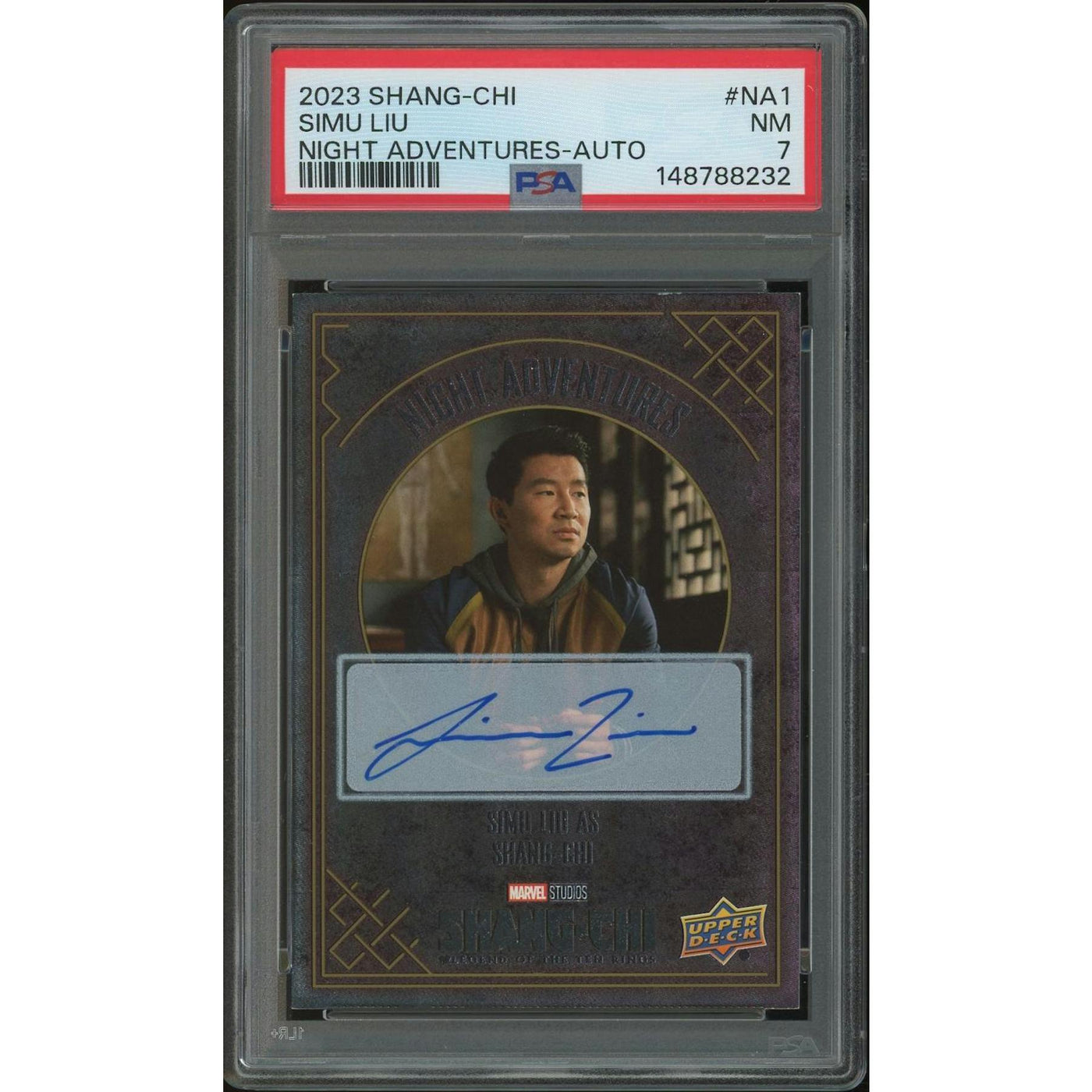 2023 Shang-Chi & the Legend of the Ten Rings #NA1 Simu Liu as Shang-Chi Night Adventure Gold Auto PSA 7 (NM)