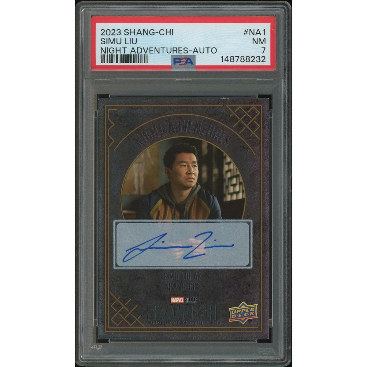 2023 Shang-Chi & the Legend of the Ten Rings #NA1 Simu Liu as Shang-Chi Night Adventure Gold Auto PSA 7 (NM)