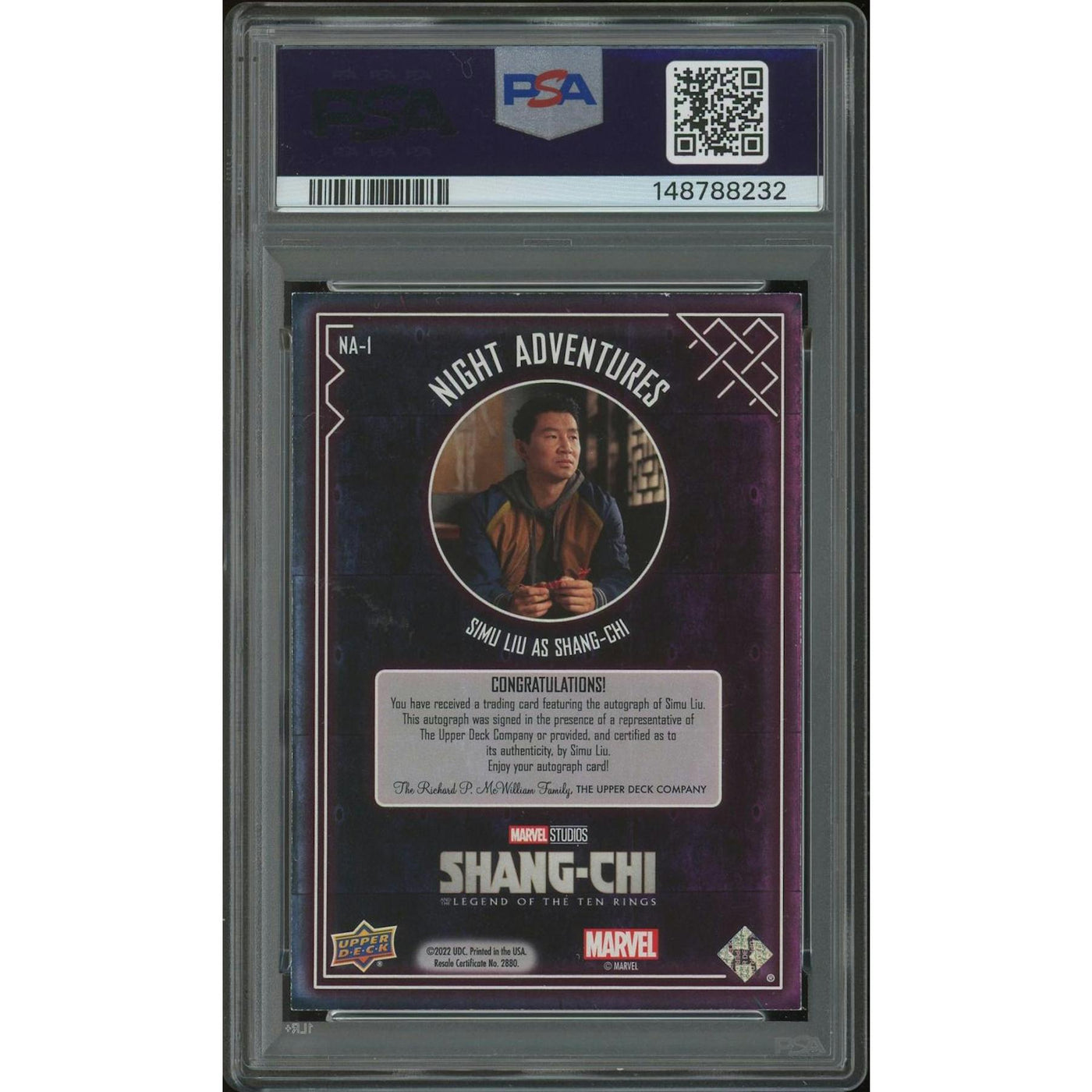 2023 Shang-Chi & the Legend of the Ten Rings #NA1 Simu Liu as Shang-Chi Night Adventure Gold Auto PSA 7 (NM)