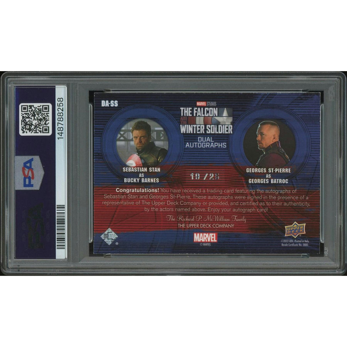 2023 Upper Deck The Falcon and The Winter Soldier #DASS Sebastian Stan & Georges St-Pierre Auto #19/25 PSA 7