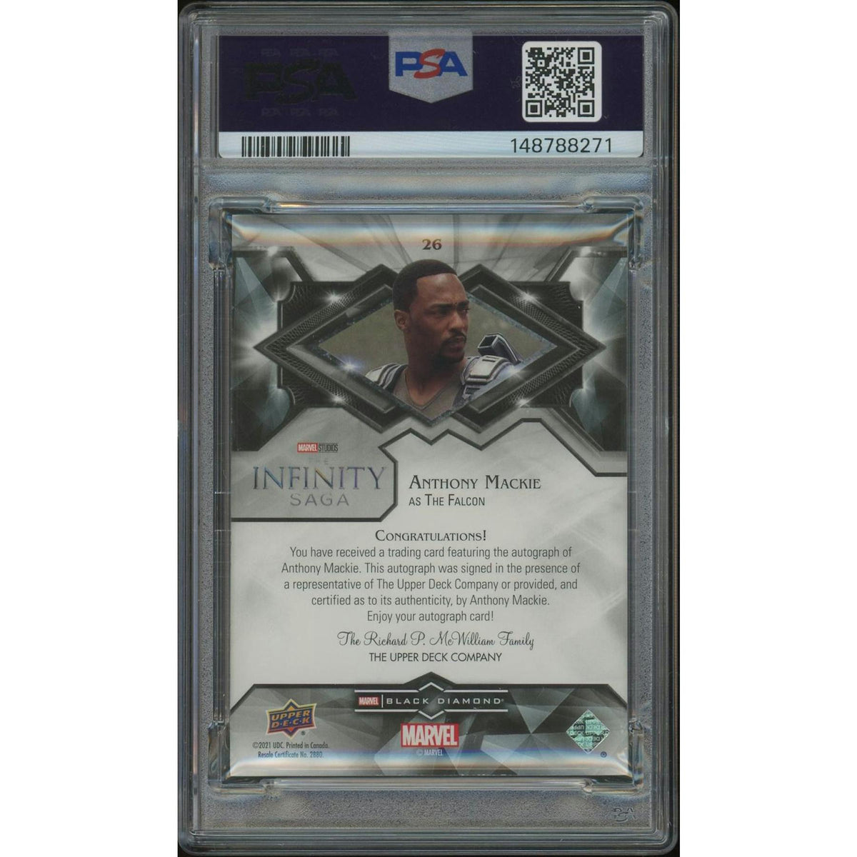 2021 Marvel Black Diamond #26 Anthony Mackie as The Falcon Red Auto #1/1 PSA 8 (NM-MT)
