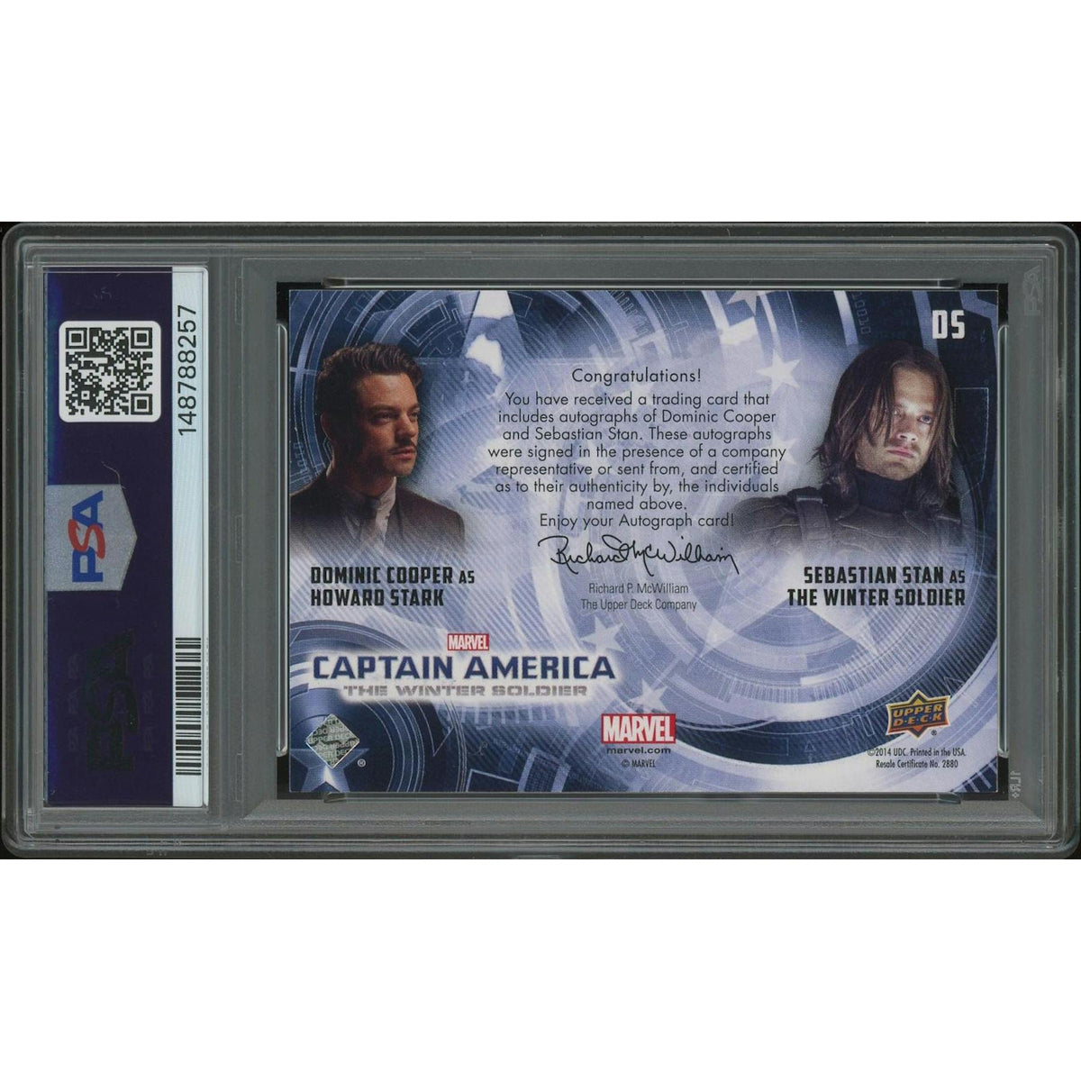 2014 Upper Deck Captain America The Winter Soldier #DS Dominic Cooper & Sebastian Stan Dual Auto PSA 9 (MINT)