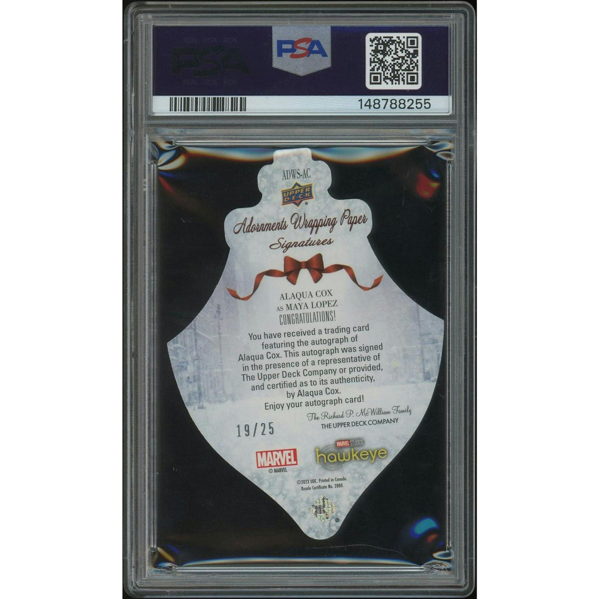 2023 Hawkeye #ADWSAC Alaqua Cox as Maya Lopez Adornments Wrapping Paper Die-Cut Light FX Auto #19/25 PSA 10