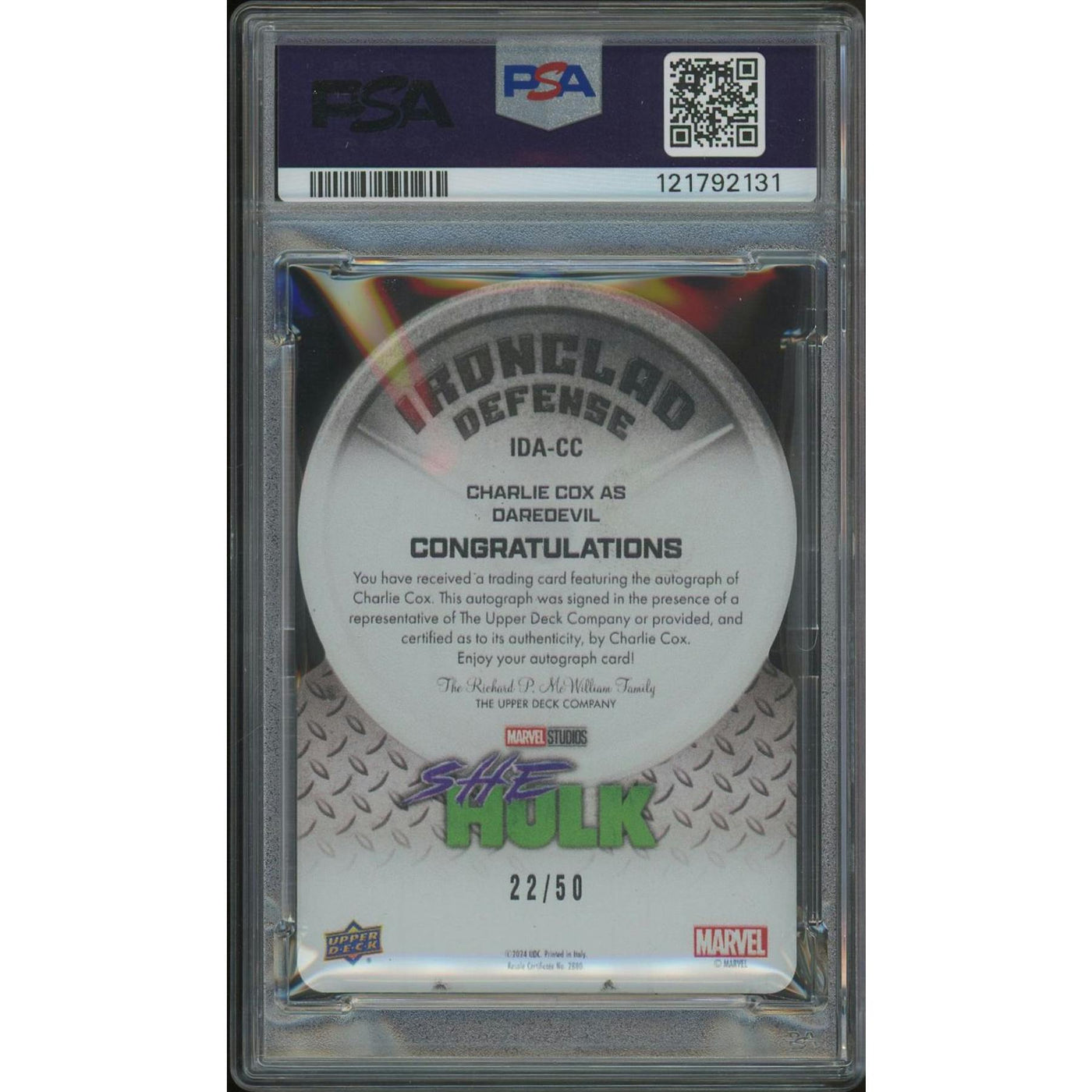 2024 Upper Deck She-Hulk #IDACC Charlie Cox as Daredevil Ironclad Defense Auto #22/50 PSA 9 (MINT)