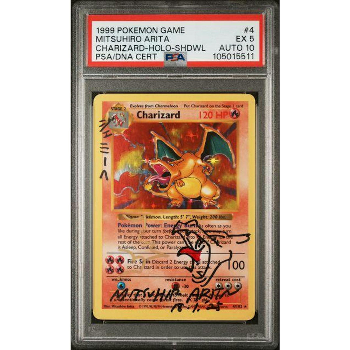 1999 Pokemon Charizard Shadowless Holo #4 Mitsuhiro Arita Auto PSA 5 Auto 10