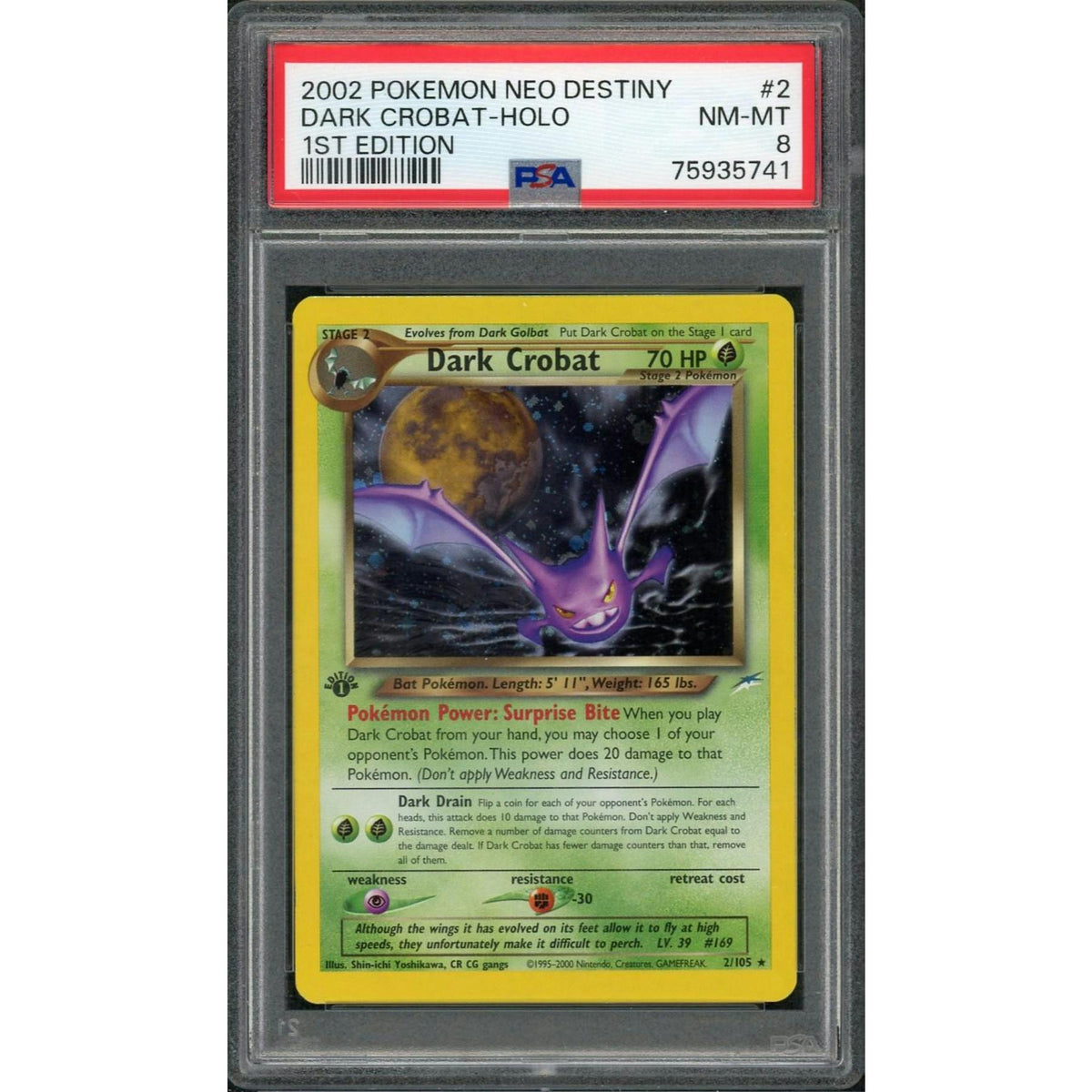 2002 Pokemon Neo Destiny Dark Crobat Holo 1st Edition #2 PSA 8