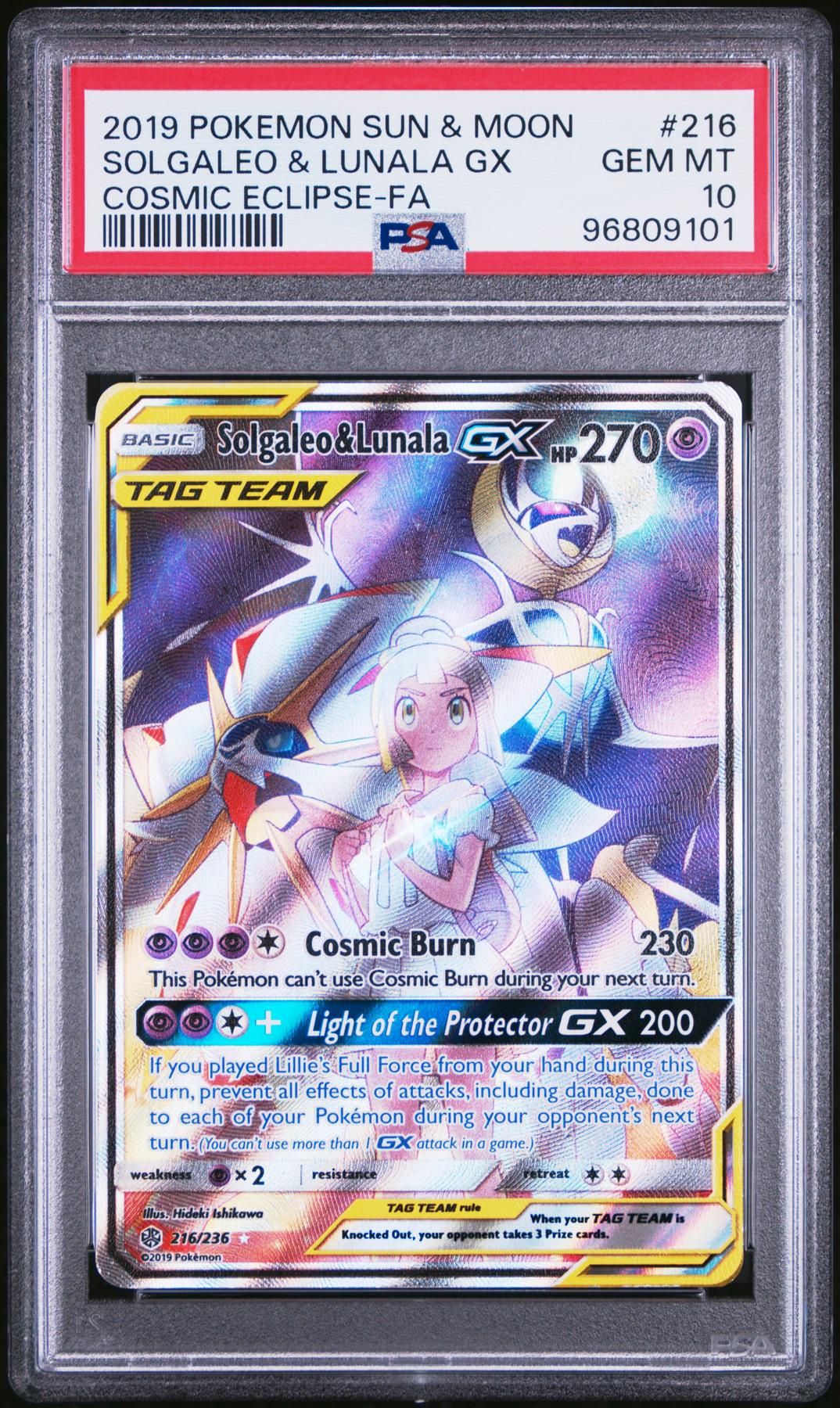2019 Pokemon Cosmic Eclipse Solgaleo & Lunala GX Tag Team #216 PSA 10