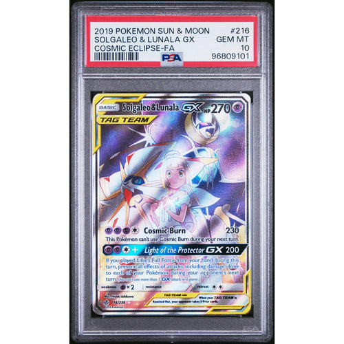 2019 Pokemon Cosmic Eclipse Solgaleo & Lunala GX Tag Team #216 PSA 10